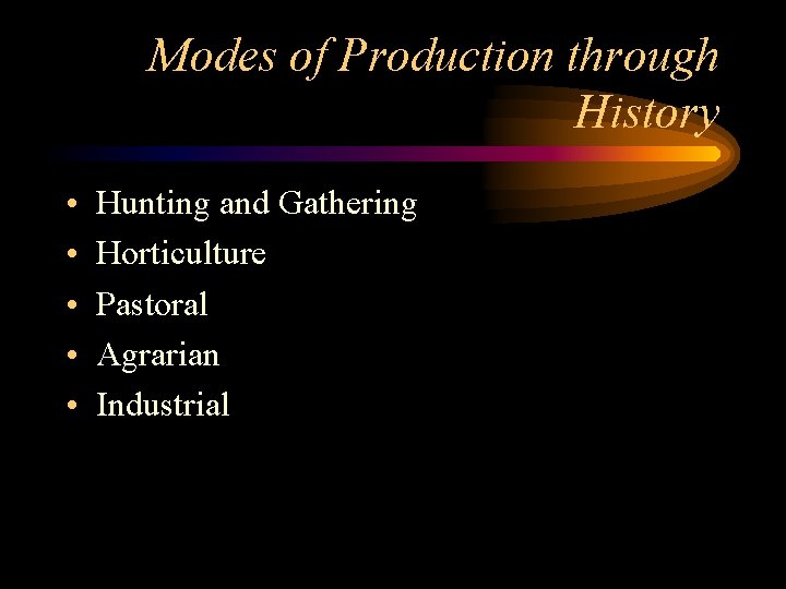 Modes of Production through History • • • Hunting and Gathering Horticulture Pastoral Agrarian