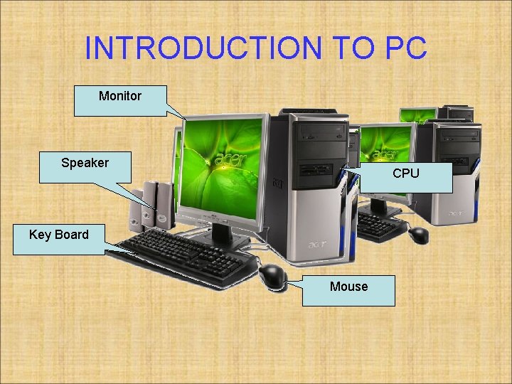 INTRODUCTION TO PC Monitor Speaker CPU Key Board Mouse 