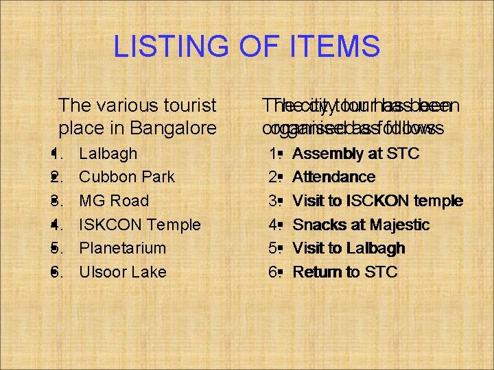 LISTING OF ITEMS The various tourist place in Bangalore § 1. § 2. §