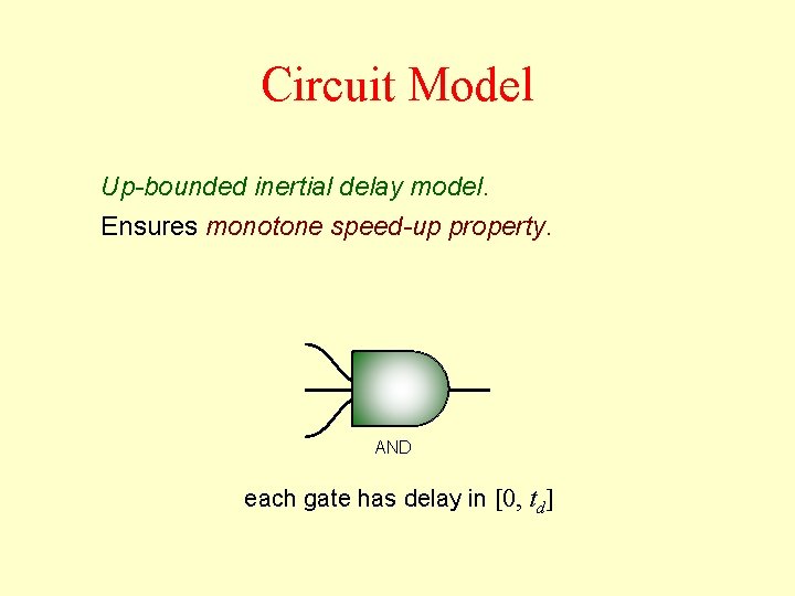 Circuit Model Up-bounded inertial delay model. Ensures monotone speed-up property. AND each gate has Circuit Model Up-bounded inertial delay model. Ensures monotone speed-up property. AND each gate has