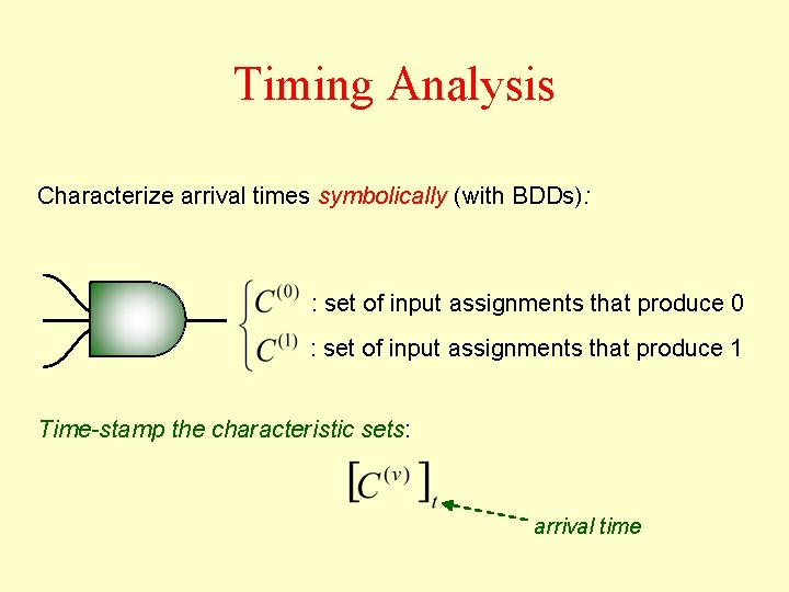 Timing Analysis Characterize arrival times symbolically (with BDDs): : set of input assignments that Timing Analysis Characterize arrival times symbolically (with BDDs): : set of input assignments that
