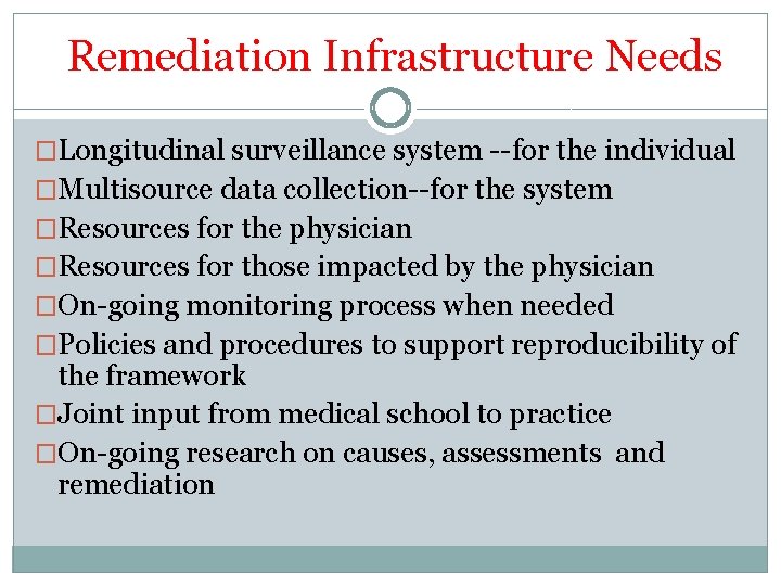 Remediation Infrastructure Needs �Longitudinal surveillance system --for the individual �Multisource data collection--for the system