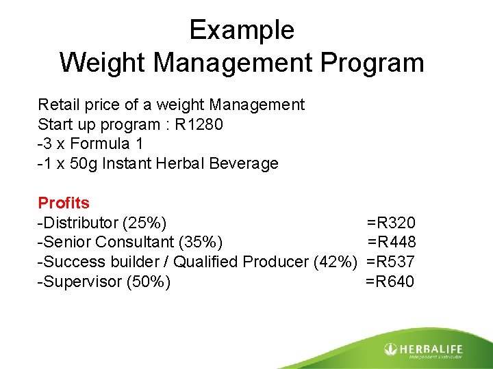 Example Weight Management Program Retail price of a weight Management Start up program :