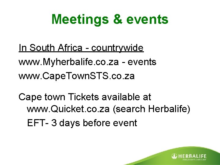 Meetings & events In South Africa - countrywide www. Myherbalife. co. za - events
