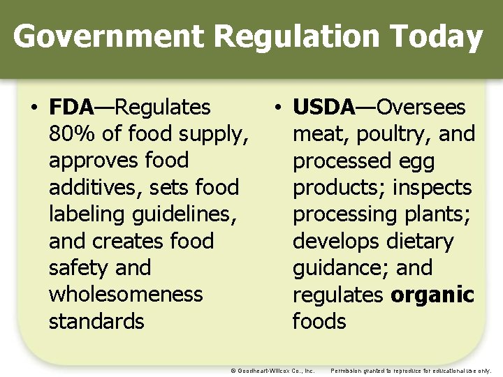 Government Regulation Today • FDA—Regulates 80% of food supply, approves food additives, sets food