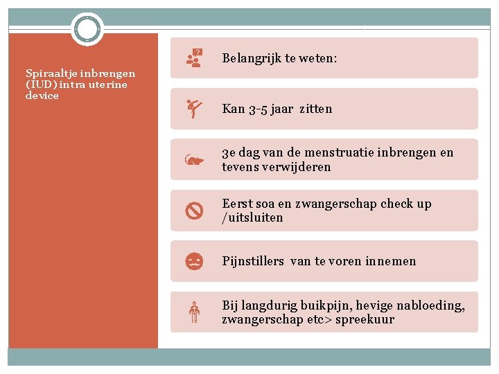 Belangrijk te weten: Spiraaltje inbrengen (IUD) intra uterine device Kan 3 -5 jaar zitten