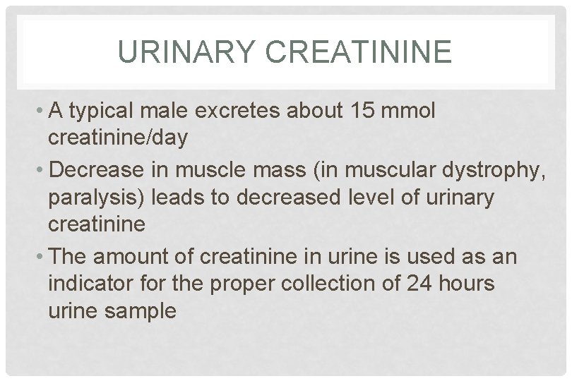 URINARY CREATININE • A typical male excretes about 15 mmol creatinine/day • Decrease in
