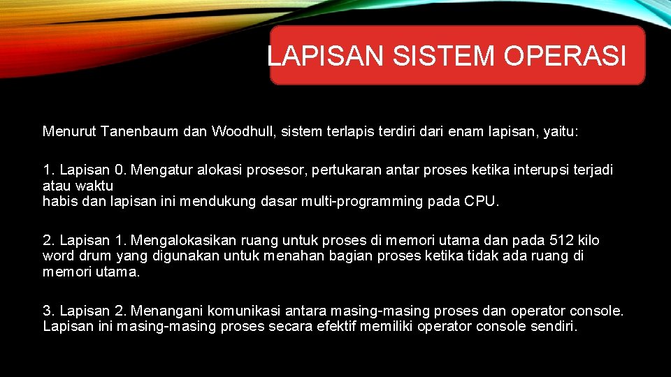 LAPISAN SISTEM OPERASI Menurut Tanenbaum dan Woodhull, sistem terlapis terdiri dari enam lapisan, yaitu: