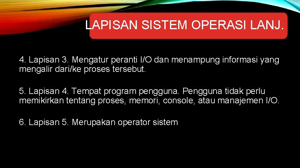 LAPISAN SISTEM OPERASI LANJ. 4. Lapisan 3. Mengatur peranti I/O dan menampung informasi yang