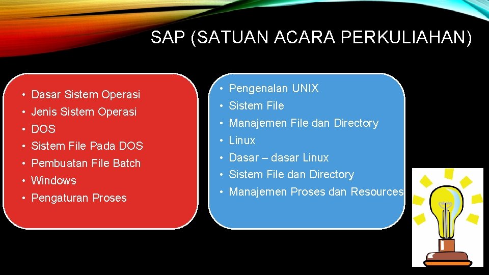 SAP (SATUAN ACARA PERKULIAHAN) • Dasar Sistem Operasi • Jenis Sistem Operasi • DOS
