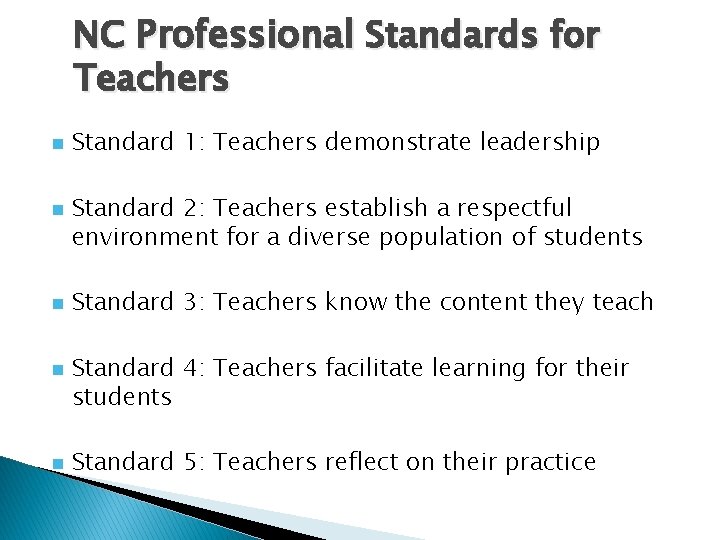 NC Professional Standards for Teachers n n n Standard 1: Teachers demonstrate leadership Standard