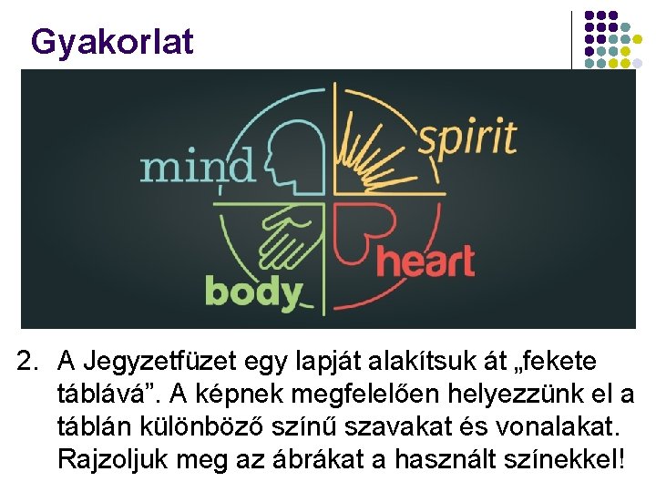 Gyakorlat 2. A Jegyzetfüzet egy lapját alakítsuk át „fekete táblává”. A képnek megfelelően helyezzünk