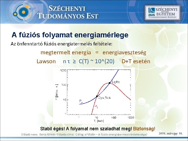 A fúziós folyamat energiamérlege Az önfenntartó fúziós energiatermelés feltétele: megtermelt energia = energiaveszteség Lawson