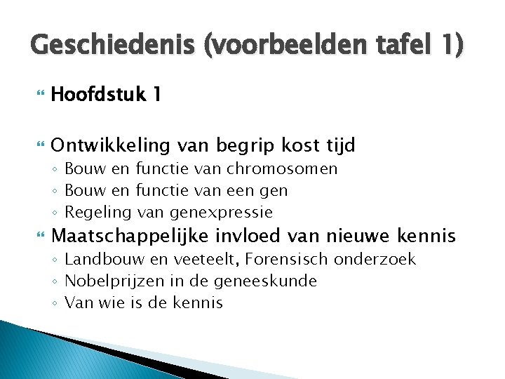 Geschiedenis (voorbeelden tafel 1) Hoofdstuk 1 Ontwikkeling van begrip kost tijd ◦ Bouw en