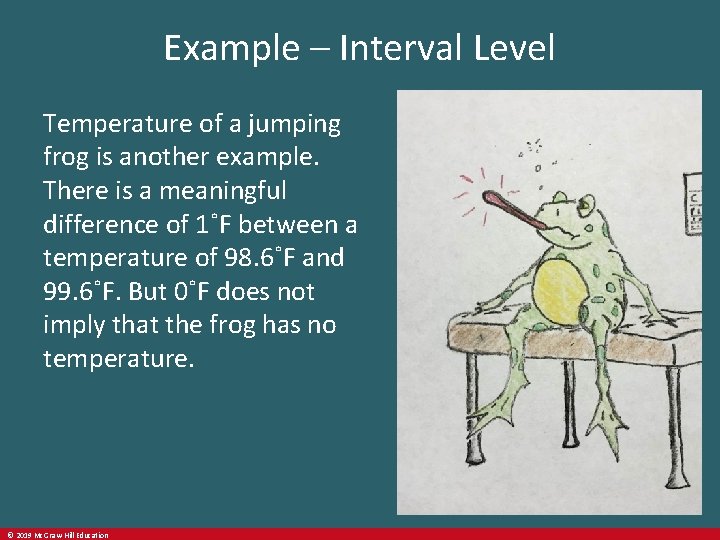 Example – Interval Level Temperature of a jumping frog is another example. There is