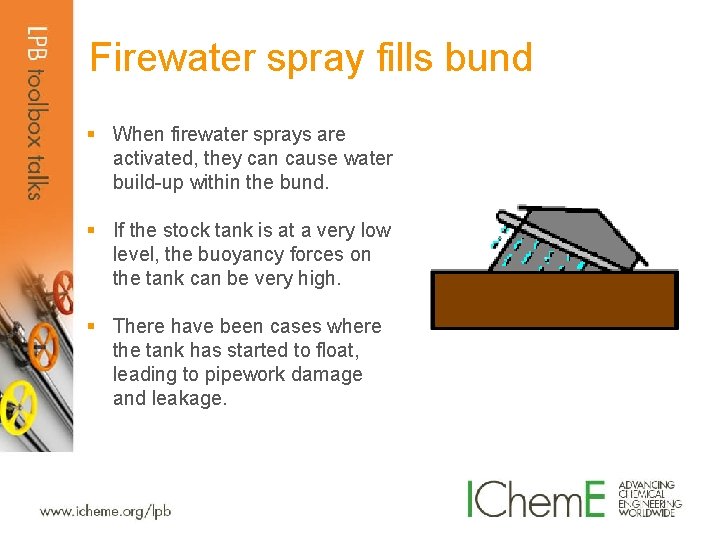 Firewater spray fills bund § When firewater sprays are activated, they can cause water