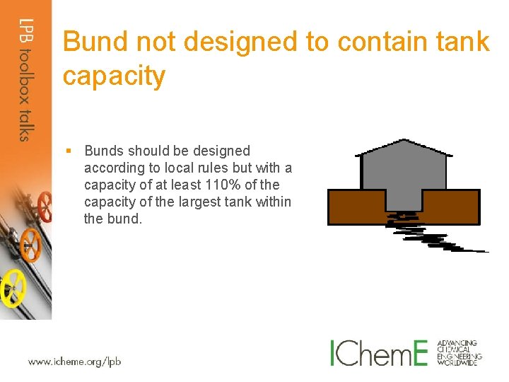 Bund not designed to contain tank capacity § Bunds should be designed according to