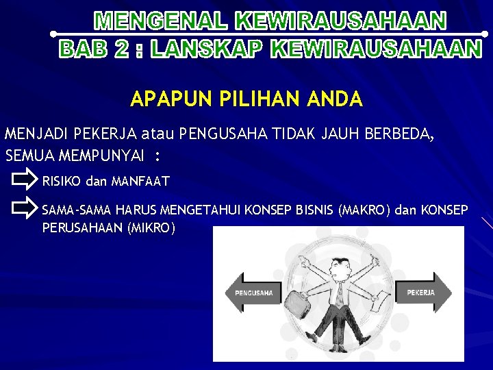 APAPUN PILIHAN ANDA MENJADI PEKERJA atau PENGUSAHA TIDAK JAUH BERBEDA, SEMUA MEMPUNYAI : RISIKO