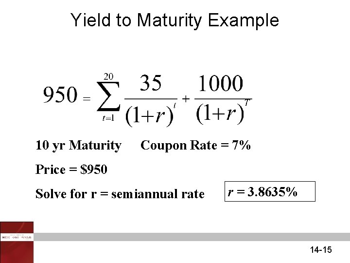 Yield to Maturity Example 10 yr Maturity Coupon Rate = 7% Price = $950