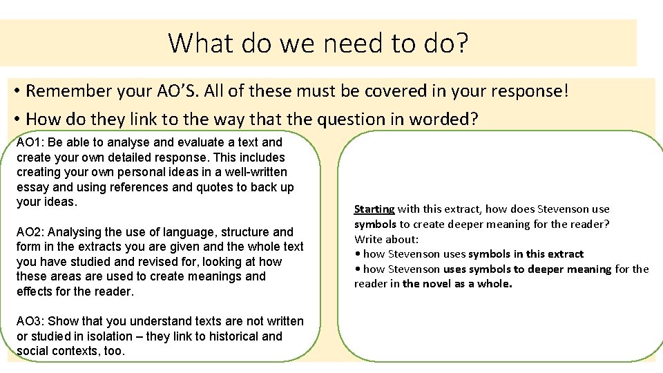 What do we need to do? • Remember your AO’S. All of these must