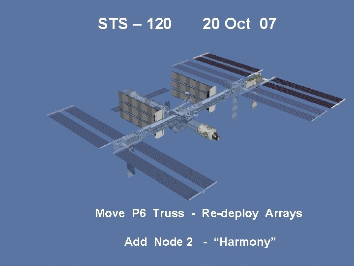 STS – 120 20 Oct 07 Move P 6 Truss - Re-deploy Arrays Add