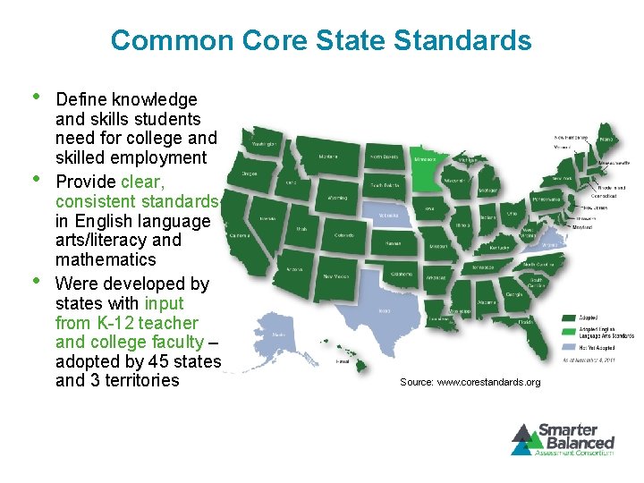 Common Core State Standards • • • Define knowledge and skills students need for