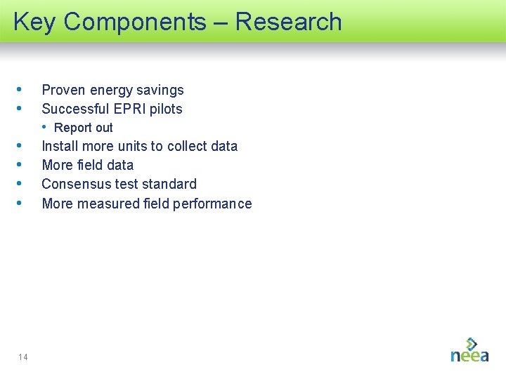 Key Components – Research • • Proven energy savings Successful EPRI pilots • Report