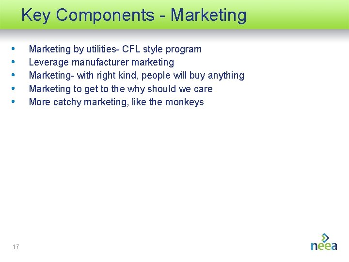 Key Components - Marketing • • • 17 Marketing by utilities- CFL style program
