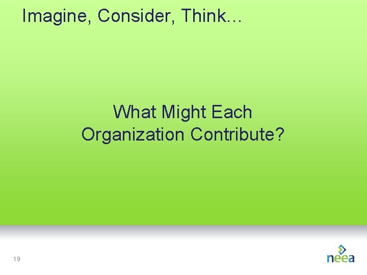 Imagine, Consider, Think… What Might Each Organization Contribute? 19 