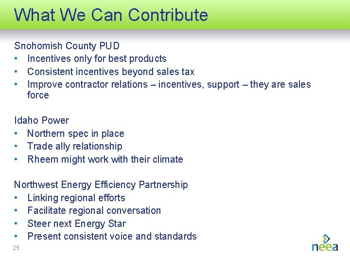 What We Can Contribute Snohomish County PUD • Incentives only for best products •