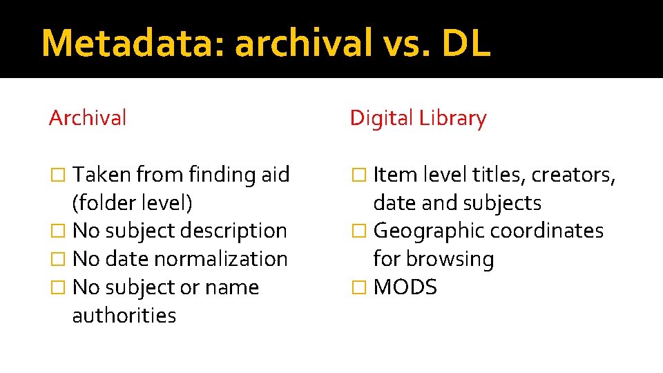 Metadata: archival vs. DL Archival Digital Library � Taken from finding aid � Item