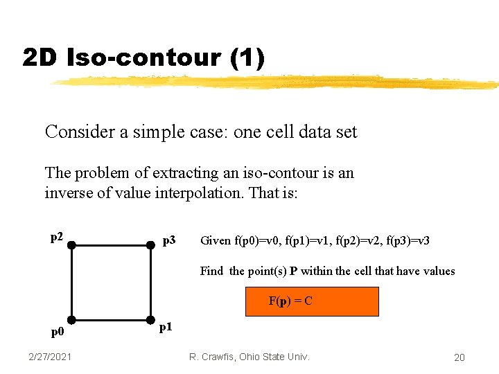 2 D Iso-contour (1) Consider a simple case: one cell data set The problem