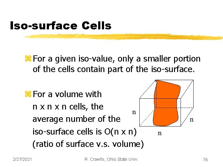 Iso-surface Cells z For a given iso-value, only a smaller portion of the cells