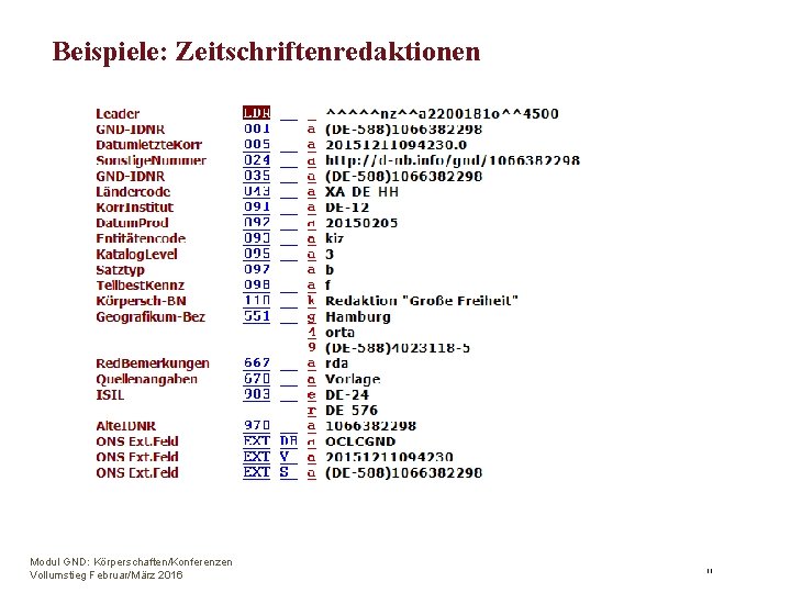 Beispiele: Zeitschriftenredaktionen Modul GND: Körperschaften/Konferenzen Vollumstieg Februar/März 2016 11 