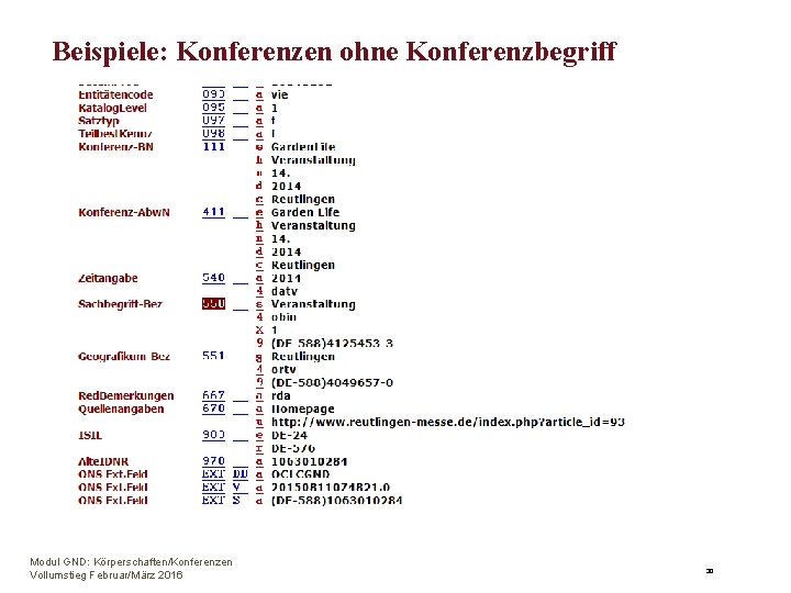 Beispiele: Konferenzen ohne Konferenzbegriff Modul GND: Körperschaften/Konferenzen Vollumstieg Februar/März 2016 30 