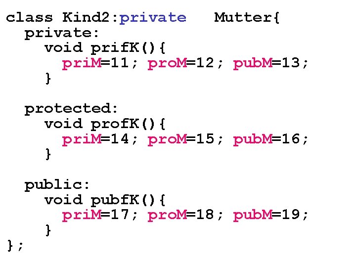 class Kind 2: private Mutter{ private: void prif. K(){ pri. M=11; pro. M=12; pub.