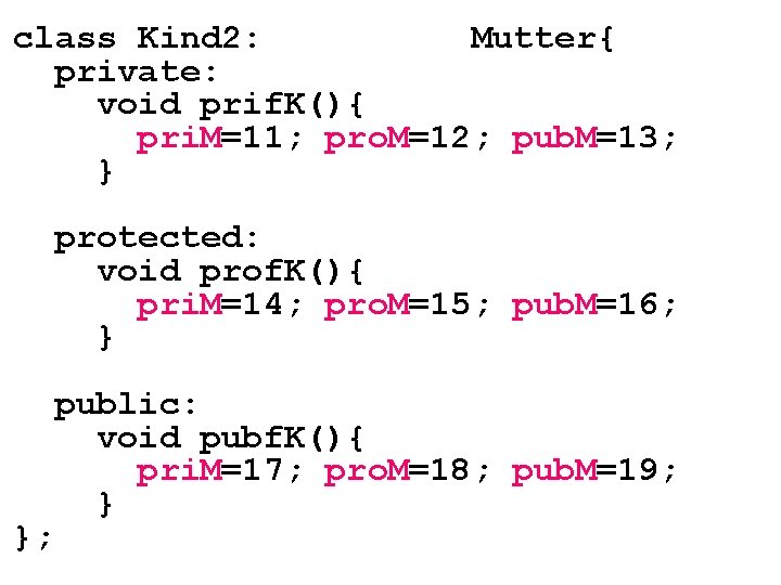 class Kind 2: Mutter{ private: void prif. K(){ pri. M=11; pro. M=12; pub. M=13;