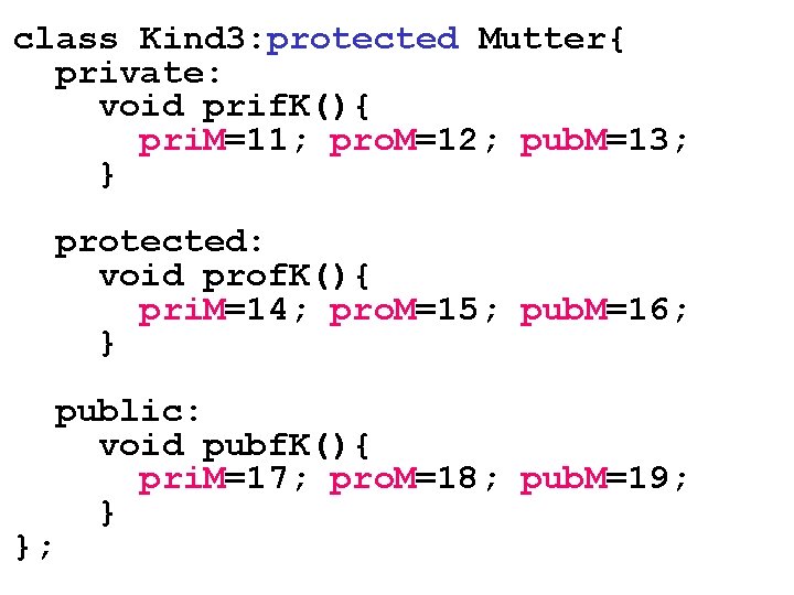 class Kind 3: protected Mutter{ private: void prif. K(){ pri. M=11; pro. M=12; pub.