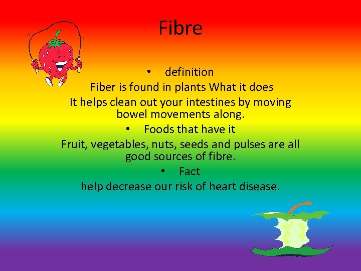 Fibre • definition Fiber is found in plants What it does It helps clean