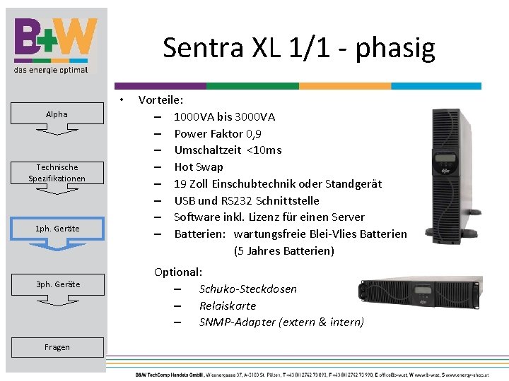 Sentra XL 1/1 - phasig • Alpha Technische Spezifikationen 1 ph. Geräte 3 ph.