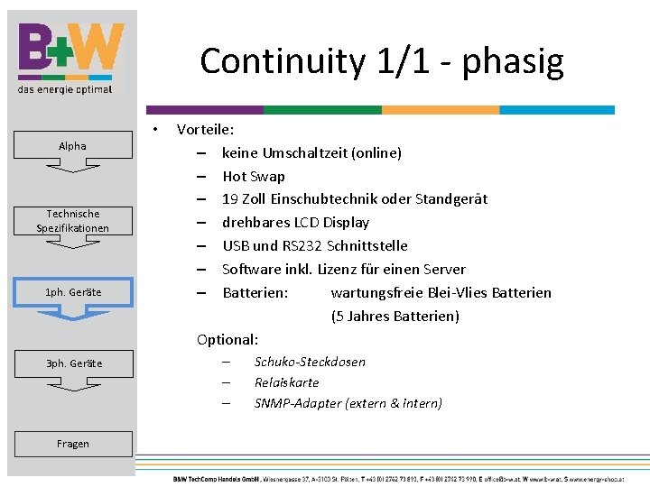 Continuity 1/1 - phasig • Alpha Technische Spezifikationen 1 ph. Geräte 3 ph. Geräte