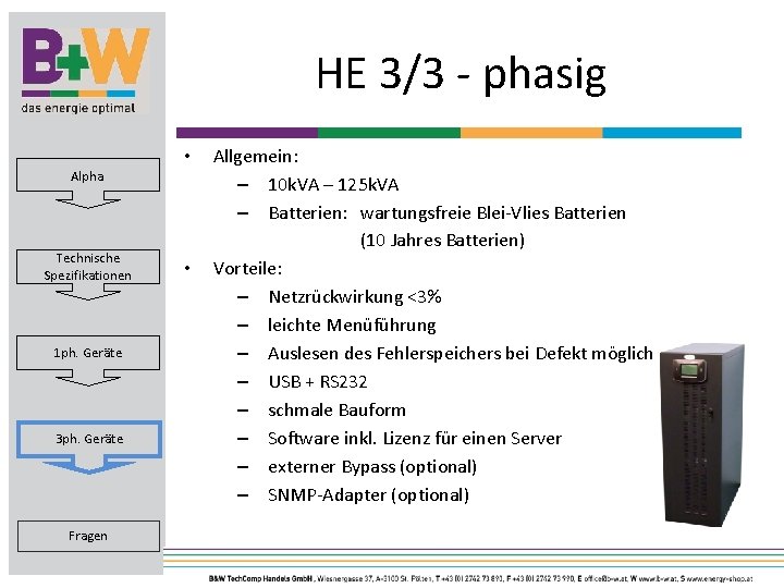 HE 3/3 - phasig • Alpha Technische Spezifikationen 1 ph. Geräte 3 ph. Geräte