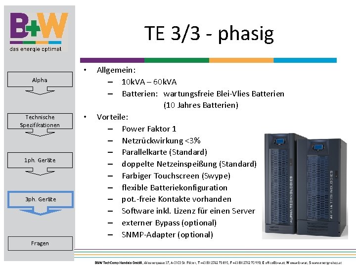 TE 3/3 - phasig • Alpha Technische Spezifikationen 1 ph. Geräte 3 ph. Geräte