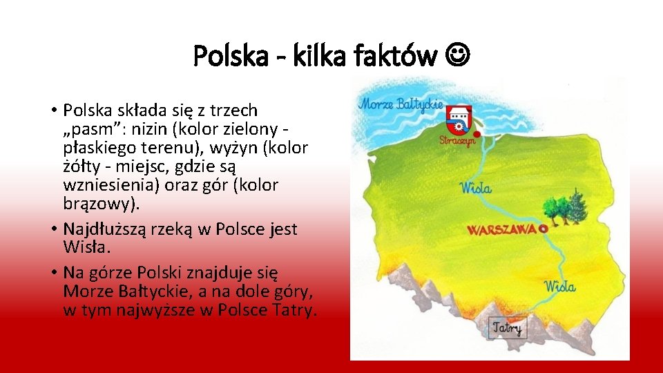 Polska - kilka faktów • Polska składa się z trzech „pasm”: nizin (kolor zielony