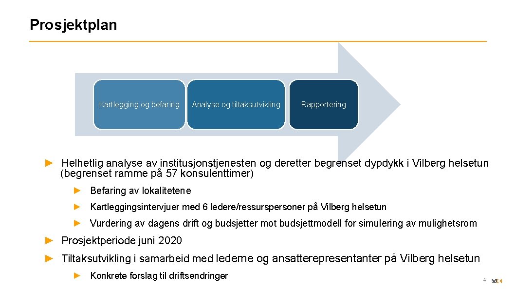 Prosjektplan Kartlegging og befaring Analyse og tiltaksutvikling Rapportering ► Helhetlig analyse av institusjonstjenesten og