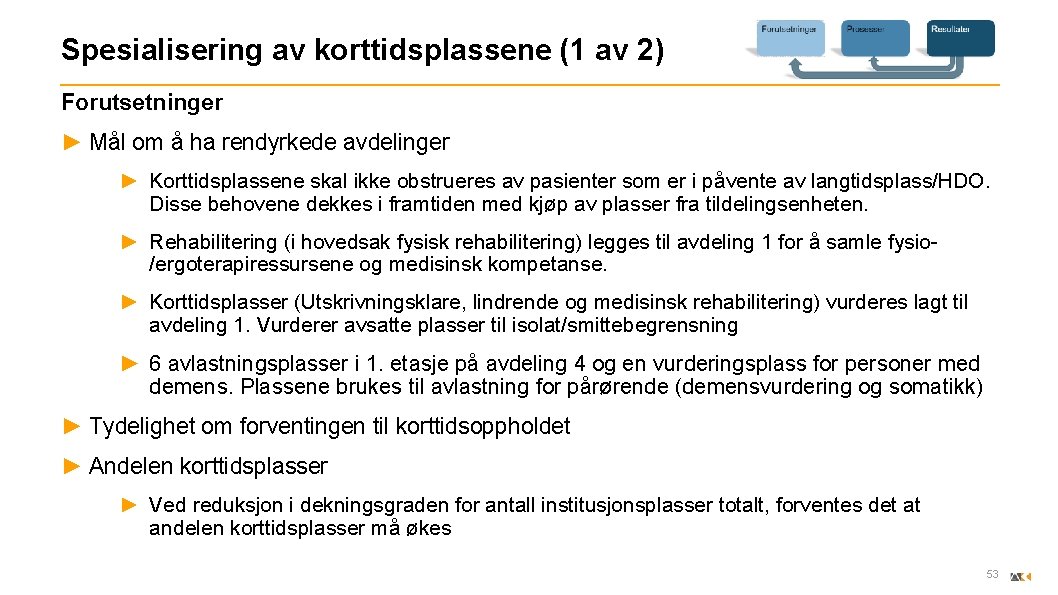 Spesialisering av korttidsplassene (1 av 2) Forutsetninger ► Mål om å ha rendyrkede avdelinger