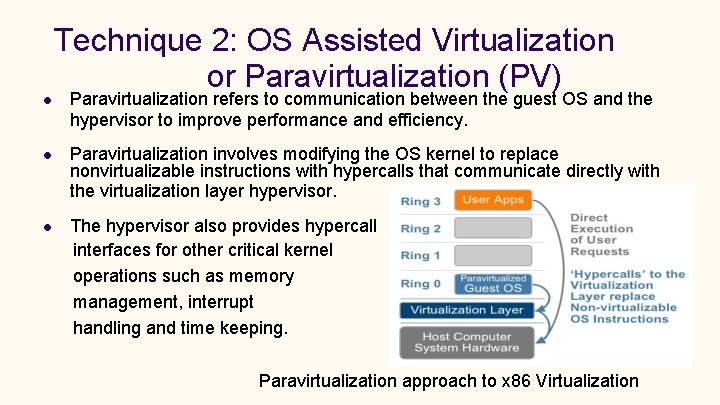 Technique 2: OS Assisted Virtualization or Paravirtualization (PV) Paravirtualization refers to communication between the