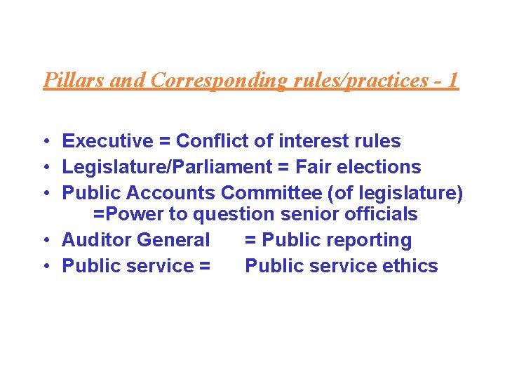 Pillars and Corresponding rules/practices - 1 • Executive = Conflict of interest rules •