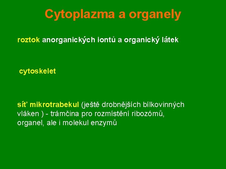 Cytoplazma a organely roztok anorganických iontů a organický látek cytoskelet síť mikrotrabekul (ještě drobnějších