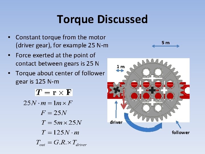 Torque Discussed • Constant torque from the motor (driver gear), for example 25 N-m